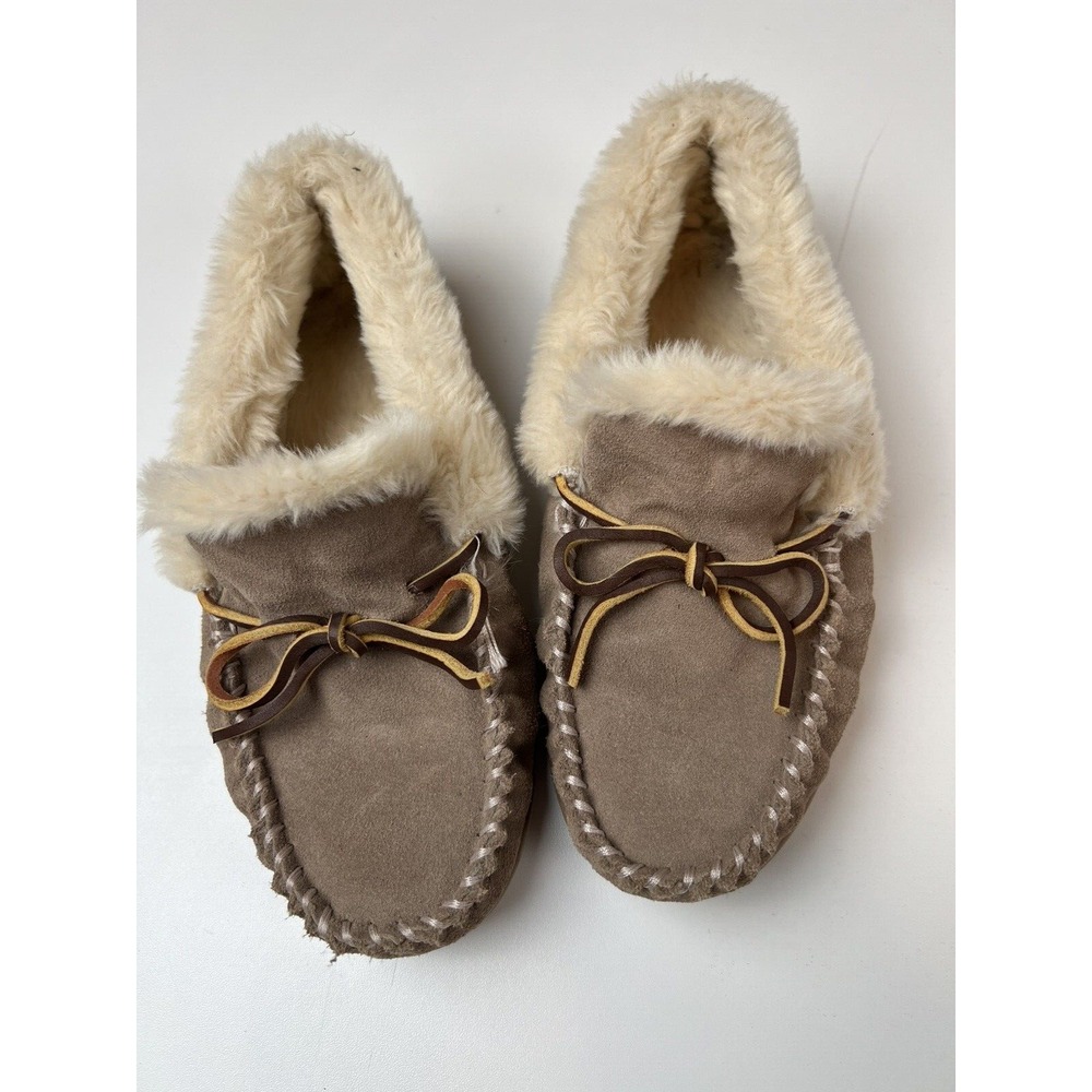 J. CREW Moccasin Slippers Women's Size 7 Suede Leather Faux Shearling Fuzzy